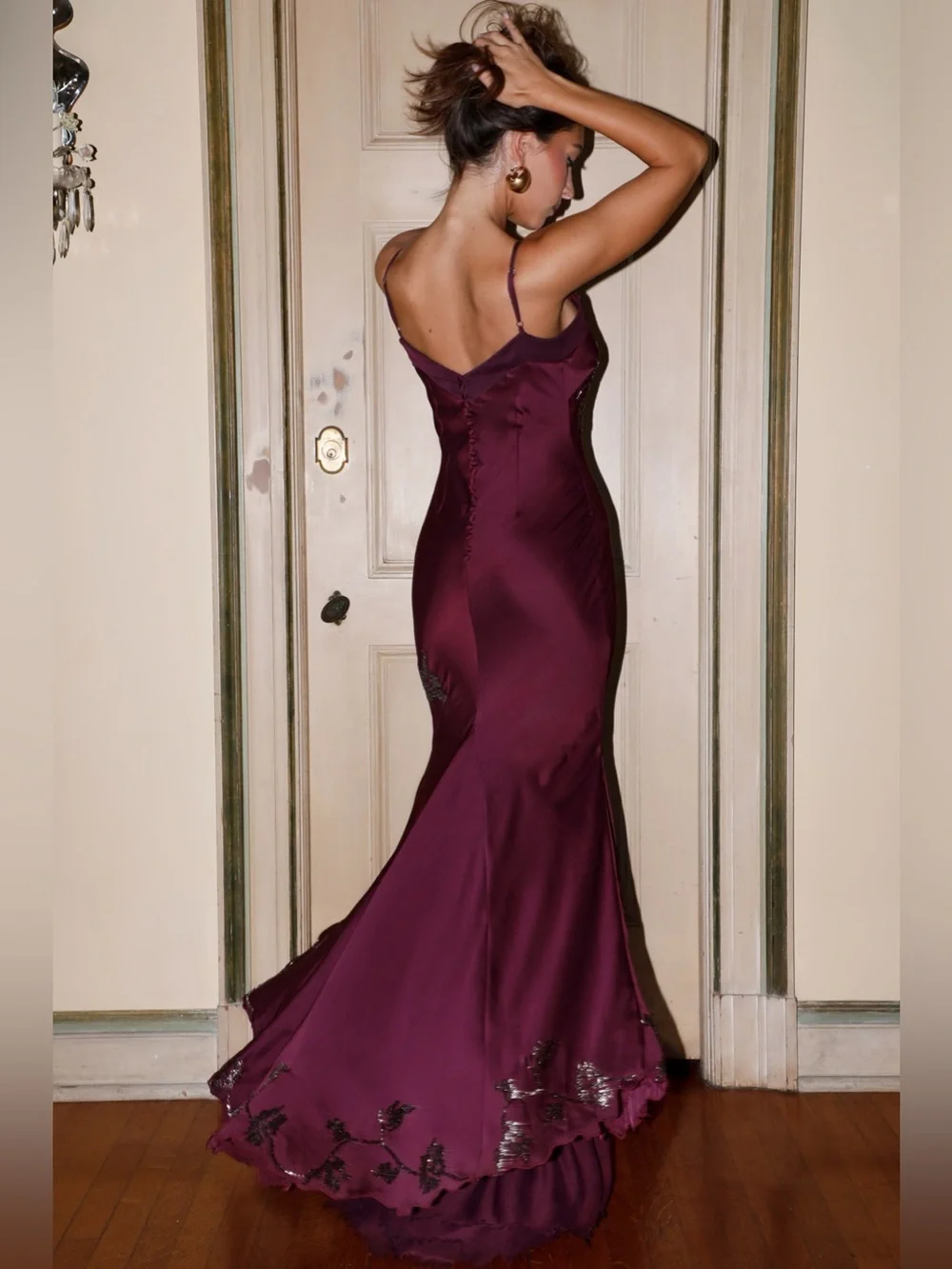 HOUSE OF CB ANASTELLE PLUM HAND BEADED EMBELLISHED SATIN MAXI GOWN SIZE S - Picture 3 of 14